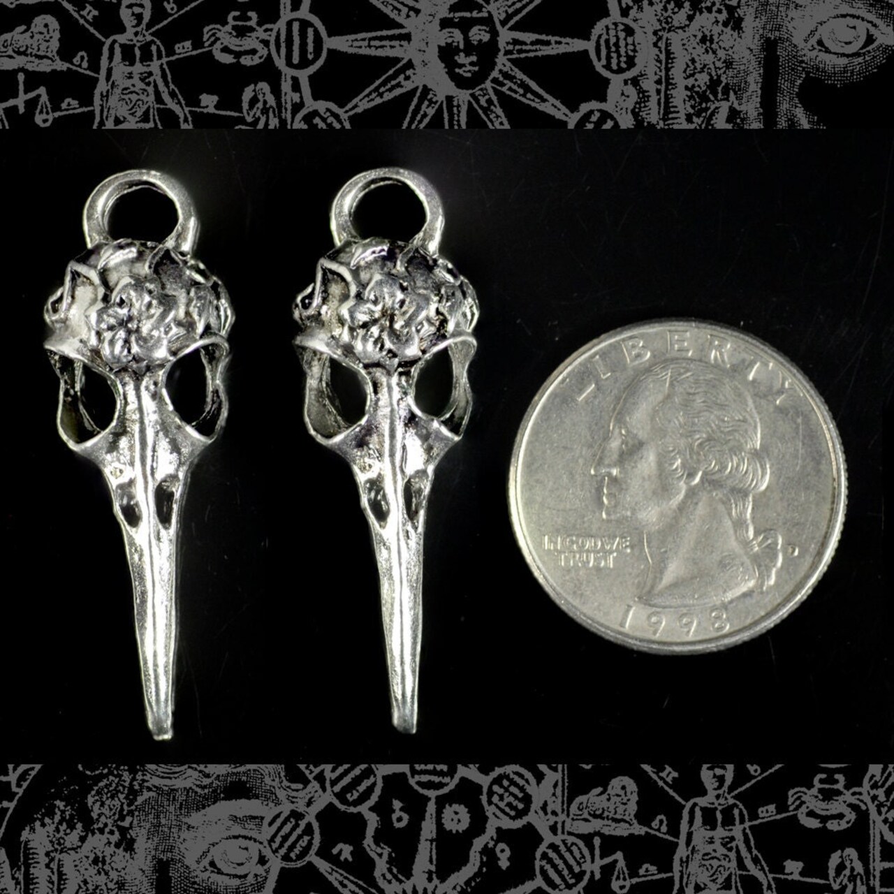 Faux Silver Raven Skulls Pendants Charms - Set of Two - ZS-P15